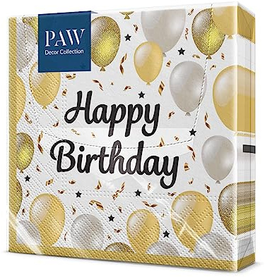 PAW Paper Napkins 33 x 33 cm, 20 Pack - Happy Birthday Ballons | Three-ply, Absorbent and strong, Festive decor for birthdays and celebrations, Sets a cheerful table