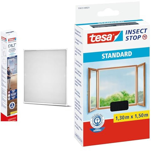 tesa Insect Stop FALT Fenster - Faltbarer Alu-Rahmen & Insect Stop STANDARD Fliegengitter für Fenster - Mückenschutz ohne Bohren - 1 x Fliegen Netz anthrazit - 130 cm x 150 cm || Klettlänge 5,60m