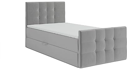 KEF Paris Mini Boxspringbett 90x200 cm - Bett mit Matratze und Topper - mit Bettkasten - Polsterbett mit Kopfstütze - Bonell-Matratze H3 - Silber Tiffany