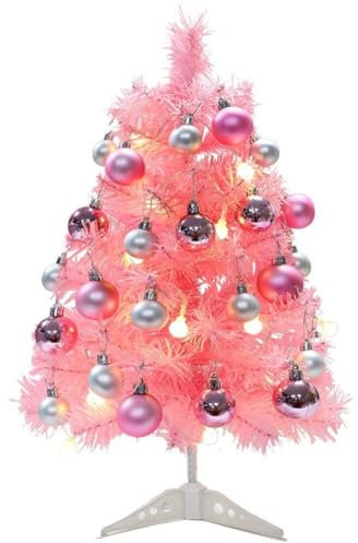 Fituenly Árbol de Navidad de Mesa, Mini árbol de Navidad de Color Rosa, pequeño árbol Artificial de Navidad con Luces LED y Bolas de Purpurina, Ideal para Decorar en Navidad, Altura de 17.7 Pulgadas.