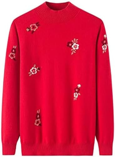 Höst och vinter lös tröja halvkrage hög kashmirtröja för kvinnor stickad broderi kashmirtröja, röd, 4XL