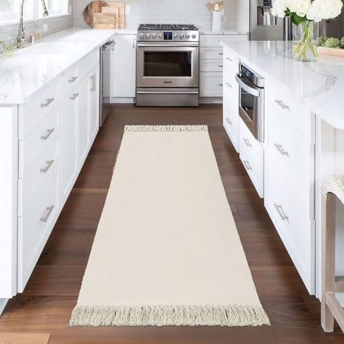BUAGETUP Farmhouse Läufer, 60 x 180 cm, weiß/beige, Baumwolle, gewebt, waschbar, Läufer, Boho, Waschküchenteppich, Bettvorleger für Wohnzimmer, Schlafzimmer, Badezimmer, Waschbecken, Foyer