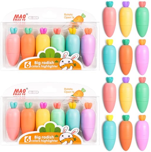 Jostift 12 Stück Mini Textmarker, Pastell Karotteform Textliner Stifte Highlighter Pen - 6 Farben Text Marker Stifte, Lustig Schultüte Party Mitgebsel Ostergeschenke für Kinder