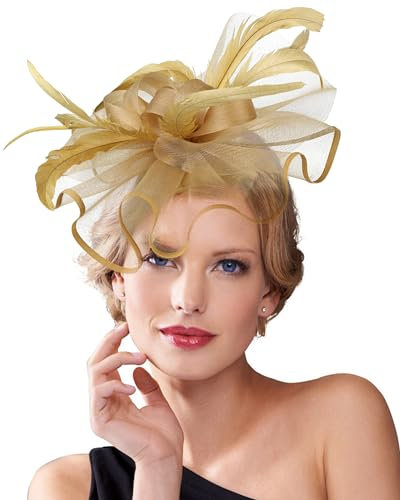 Dodheah Fascinators Hut Hochzeitshut Kopfbedeckung Vintage Schleier Hut Derbyhut für Frauen Pillbox Hüte Stirnband Damen Haarspangen für Hochzeit Ascot Karneval Tee Party 0101-Gold