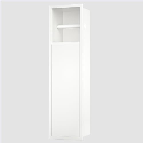 Bernkot Módulo de armario empotrado de acero inoxidable para el conjunto de escobillas, armario de baño con portarrollos de papel higiénico, con puerta corredera, 63 x 15 x 15 cm, color blanco