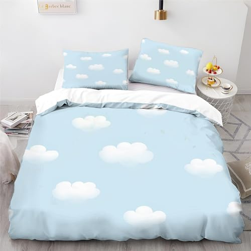 Bettbezug Set 200x220 cm Bettbezüge, Wolken Blauer Himmel Hellblau Bettwäsche-Set Erwachsener Teenager Kinder Deluxe Mikrofaser Weiche Bettbezug mit Reißverschluss und Kissenbezüge