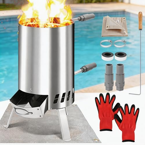 Hebitod Brennholz Poolheizung, Schwimmbadheizung mit Feuer,Edelstahl Poolheizung Feuertonne,mit 32-38mm Anschlüsse,Outdoor Poolheizung Holz,mit Feuerfeste Matte und Tablett