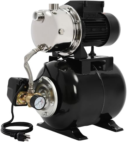 1HP Shallow Well Water System with Pressure Tank, 110V Stainless Steel Jet Type for Home Garden Farm Pool Irrigation, 6.34Gal Water Pressure Booster（Black）