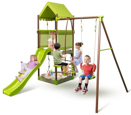 KOMFOTTEU Kinder Spielturm Klettergerüst, 7 in 1 Kinderspielplatz mit Rutsche, Klettergerüst, Kinderschaukel & Wippe, Kletterturm Spielhaus für Kinder von 3-7 Jahren