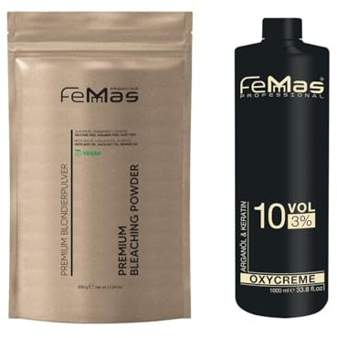 FemMas Blonderingspulver set 500 g vegansk och utvecklare 3 procent 1L I ultrastark och dammfri I med näringsrika oljor I hårblekningssats för hem i salongskvalitet I blondering av 7–9 tonnivåer