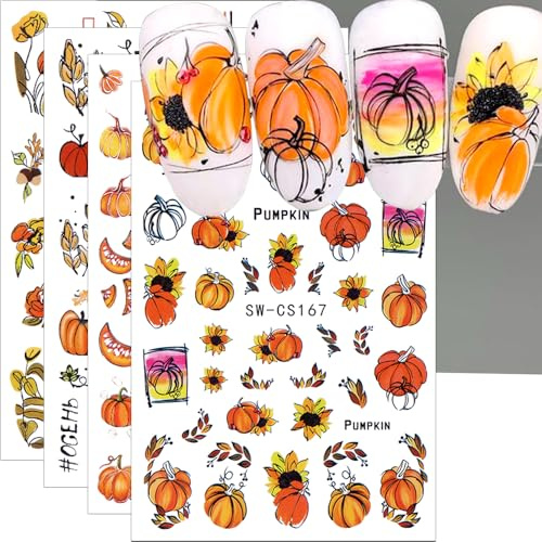 3D Herbst Nagelsticker Selbstklebend Blatt Kürbis Nail Sticker Geometrische Linie Blume Nagelart Erntedankfest Nageldesign Nagelaufkleber Autumn Pumpkin Nagel Zubehör