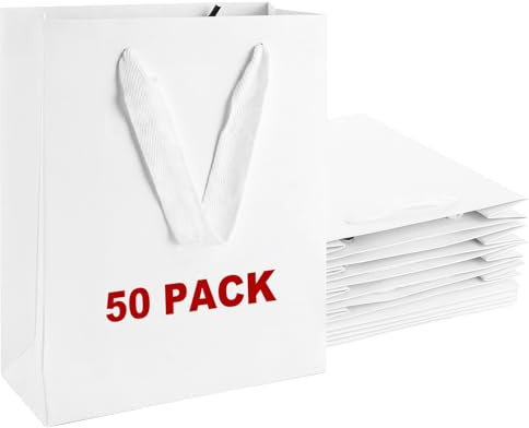 MIVIDE 50pcs Sac Cadeau Blanc, Sacs Cadeaux en Papier avec Poignées 15 x 6 x 20 cm, Pochette Cadeau Blanc Réutilisables pour Noël, Anniversaire, Mariage, Fête Achats
