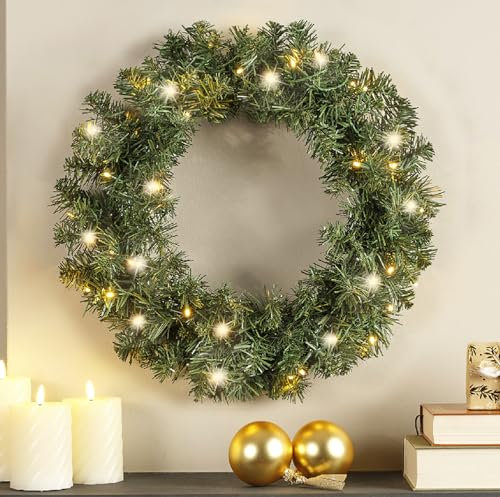 50cm Colour Changing Pre-Lit Wreath Christmas Green Front Door Wreath - 40 Warm White or Multi Coloured LEDs Battery Operated Light Up Indoor and Outdoor Wreath