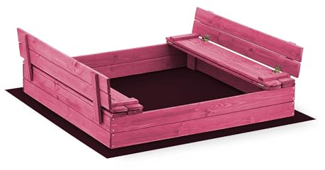 Sandkasten aus Holz 120x120 Imprägniert oder Unbehandelt Sandbox mit Abdeckung Sitzbänken Deckel Plane Sandkiste Sandkastenvlies (120x120 Rosa)