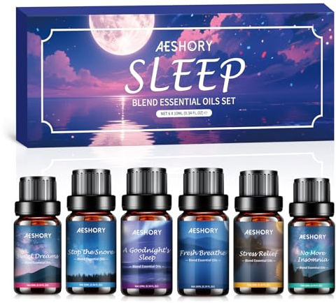 AESHORY Oli Essenziali per Diffusori Sonno Sereno 6x10ml, Set Regalo di Olio Essenziale Puro per Aromaterapia e Massaggio Rilassante - Lavanda, Benzoino, Citronella, Menta Piperita, Eucalipto