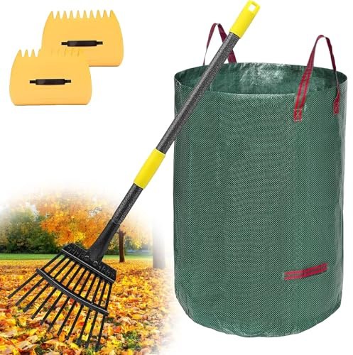 Râteau à Feuilles, Râteau de Jardin Kit - avec Sacs de Feuilles de 32 Gallons et 2 Pelles à Feuilles, 166cm Râteau à Feuilles avec Longue Poignée Réglable pour Nettoyer Plantes, Pelouse et Cour