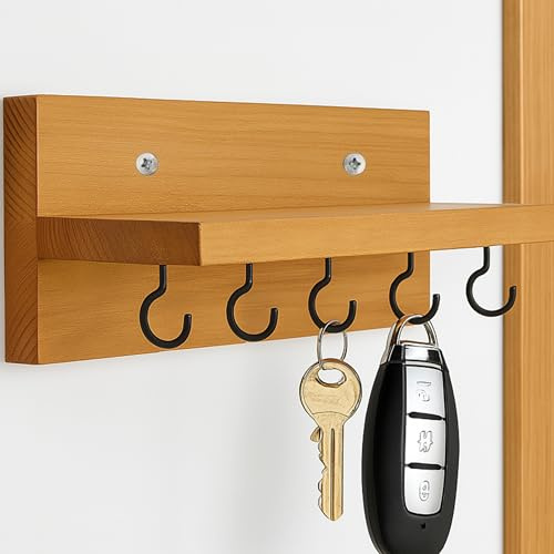 Schlüsselhalter mit Ablage | 25 cm lang | Schlüsselbrett aus Holz mit Ablage und Haken zur Wandmontage | Modernes & Vintage Schlüsselbrett | Minimalistische Schlüsselaufbewahrung Wand | Kiefernholz