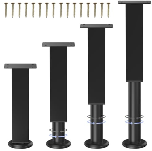 COEWUR Set of 4 Furniture Feet, Height Adjustable, Black, 18 cm - 30 cm, Furniture Legs, Metal with Screws, Square Feet for Furniture, Sofa, TV Cabinet, Bed, Couch, Chest of Drawers, Bedside