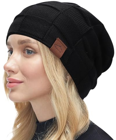 Runmeihe Bonnet d'hiver pour femme, en tricot polaire, chaud, bonnet de ski et casquettes, Noir , Taille Unique