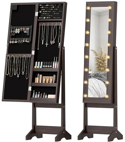 HOMCOM Freestanding Mirror Jewelry Cabinet with LED Lights, Jewellery Organiser with 3 Angle Adjustable, Full-Length Mirror with Storage for Earrings, Necklaces, Rings and Lipsticks, Dark Brown