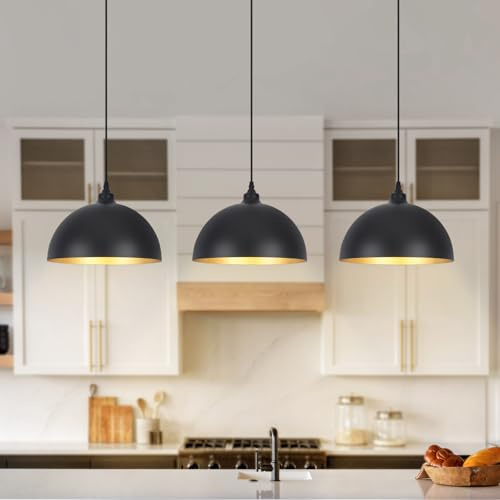 Black Pendant Lights, 3 Pack Kitchen Island Lights, E27 Black Pendant Ceiling Lights with Metal Lamp Shade, Vintage Pendant Light Fitting for Dining Room, Bedroom, Living Room, Bar, Restaurant
