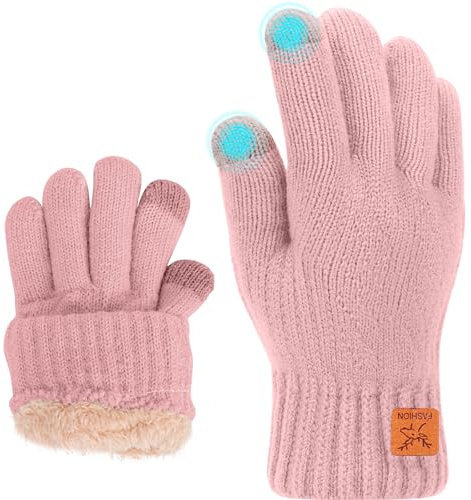 Fjquamitix Kinder Winterhandschuhe Weiche Warme Strickhandschuhe Thermohandschuhe Fleecefutter Touchscreen Kleinkind Handschuhe für Jungen Mädchen im Alter von 5 bis 12 Jahren