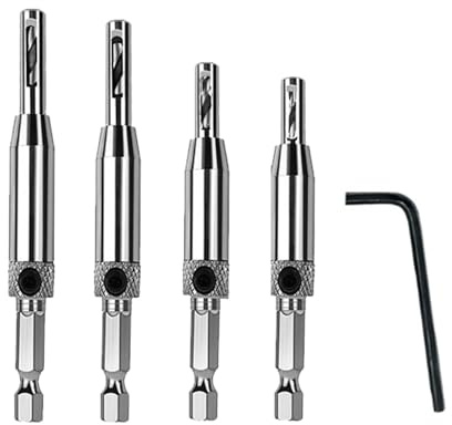 4 Pcs Self Centering Drill Bit Set, Hinge Drill Bit with Hex Key, Cabinet Door Drawer Window Drill Bit Set, Precision Woodworking Center Tools for Furniture Cabinetry Carpentry DIY Projects