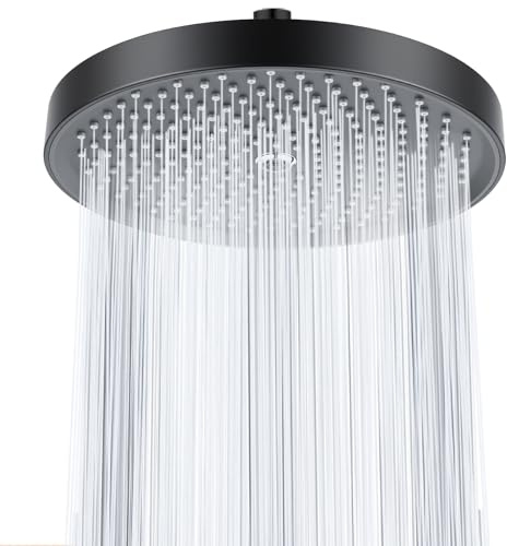 Ronvie Large Shower Head 10 Inch Black, Water-Saving Rainfall High Pressure Shower Head with 360 Adjustable Swivel Ball Joint for Overhead Bathroom Use, G1/2 Universal Fitting, Round