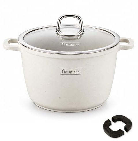 GOLDMANN Kochtopf Aluguss/Suppentopf, 28 cm, 10L, antihaftbeschichtete Keramik in Marmoroptik, Glasdeckel, geeignet für Induktion und alle Herdarten, ofenfest und PFOA-frei | Keramik-Marmor-Beschichtung, ofenfest, spülmaschinenfest, alle Herdarten, inklusive Deckel