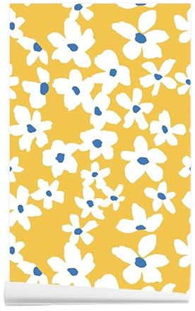 ANBILILA Papier Peint Autocollant, Victoria Aquarelle Floral Jaune Bleu Blanc Peler et Coller Papier Contact, 44,5x500CM Fleurs Papier Peint Amovible Décoration Autocollant pour Mur Salon Chambre