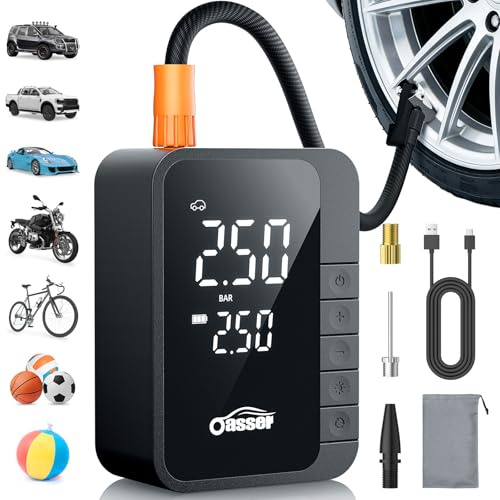 Oasser Elektrische Luftpumpe 6000mAh Akku, 10,3 Bar LCD-Display Fahrradpumpe, Reifenpumpe Tragbare Luftpumpe mit LED-Licht für Auto, Fahrrad, Ball,E-bike