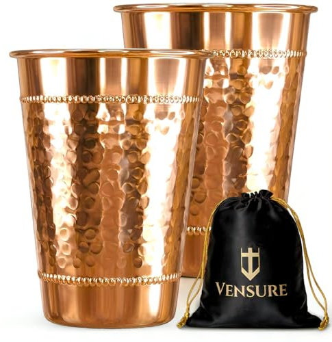 Vensure Hammered Pure Copper Water Drinking Glasses Set of 2 – Large 14 Oz Handcrafted Copper Drinking Cups Beautiful Copper Tumblers Ayurvedic Health Benefits Drinkware Cup Ideal Gift