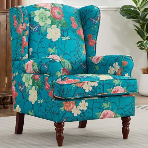 Nahenduo Vintage Floral Accent Chair, Wingback Chair with Arms for Living Room, Antique Occasional Side Chair|High Back|Ticken Seat Cushion|Fabric Upholstered (Teal Cyan, A)