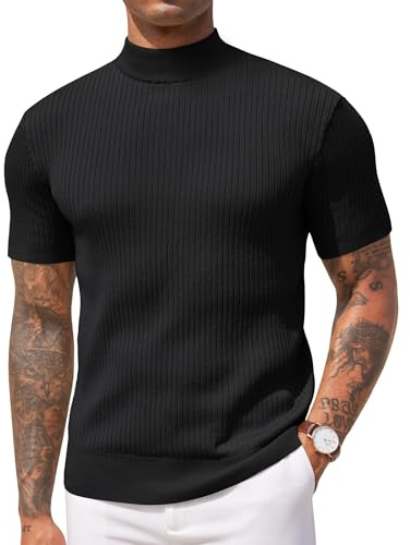 COOFANDY Men's Mock Turtleneck T Shirt Short Sleeve Stand Collar Top Ribbed Knitted Pullover Stretchy Solid Tee