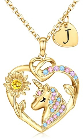 M MOOHAM Einhorn Geschenke für Mädchen - 14 Karat Gold Vergoldete Sonnenblumen Einhornkette Halskette Mädchen Schmuck Buchstabenkette Einhorn Geburtstagsgeschenk für Kinder Tochter Enkelin