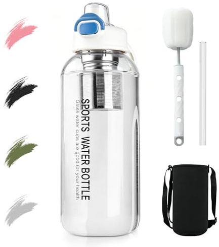 BOYIFEIJIE Trinkflasche Glas 1,5 Liter mit Strohhalm & Teesieb, Große Borosilikat Glasflasche Auslaufsicher, Wiederverwendbare Wasserflasche für Sport, Büro, Schule, Fitness & Camping (Weiß, 1000 ml)