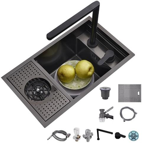 Stainless Steel Invisible Sink with Lift-Style Faucet Glass Washer – Space-Saving Single Bowl for Coffee Bar, Kitchen Vegetable Washing Commercial Prep Sink(55 * 32 * 22cm)