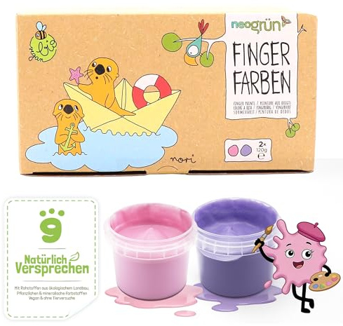 neogrün Bio-Fingerfarben Nori für Kinder, ungiftig, 2 x 120g (Pink/Violett) | Fingermalfarben ab 1 Jahr, cremig, tropffest, leicht abwaschbar, vegan,mit Bio-Rohstoffen und Pflanzen- und Mineralpigmenten