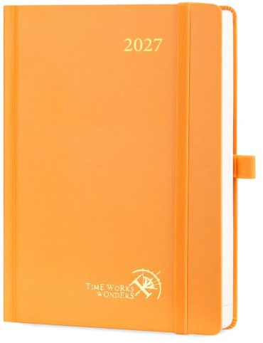 POPRUN Tagesplaner 2027 Kalender A5 1 Tag 1 Seite, Hardcover Tageskalender | 12-Monate-Terminplaner(Jan.2027-Dez.2027), 80 GSM Papier, mit Plastiklineal, für Büro & Studium(Orange)