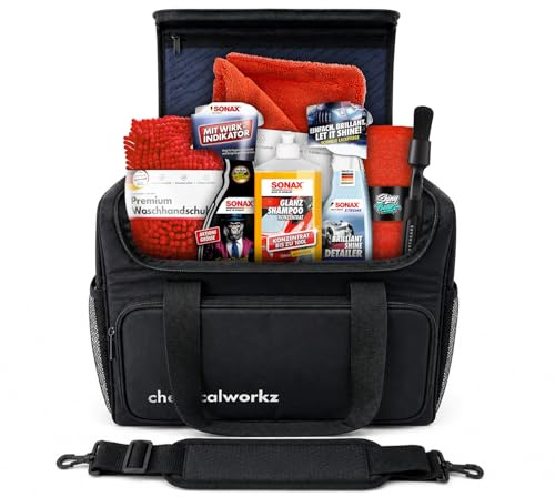 Autopflege Set 8‑teilig: SONAX GlanzShampoo, FelgenBeast & BrilliantShine Detailer + chemicalworkz Detailing Bag Aufbewahrungtasche + Zubehör -  Auto Waschset für Außenpflege