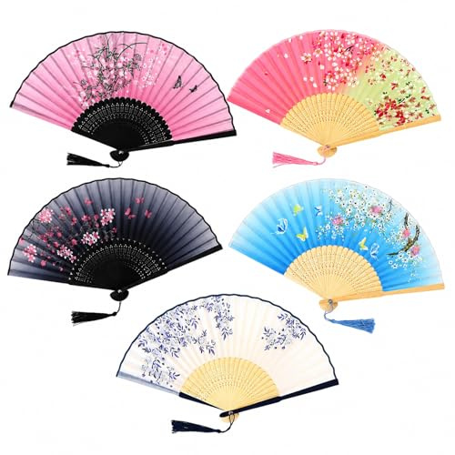 BPTZYLN 5Pcs Elegant Hand Fan Folding – Premium Paper Fans Handheld with Bamboo Frame, Traditional Chinese Fan for Summer Cooling, Portable Folding Hand Fans Set Suitable Outdoor Activities