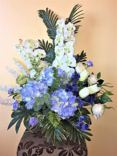 LBA Centre d'orchidées Blanches et d'hortensias Bleus, Fleurs et Plantes artificielles. pour la Maison et Le cimetière. Med.: 85x85cms.