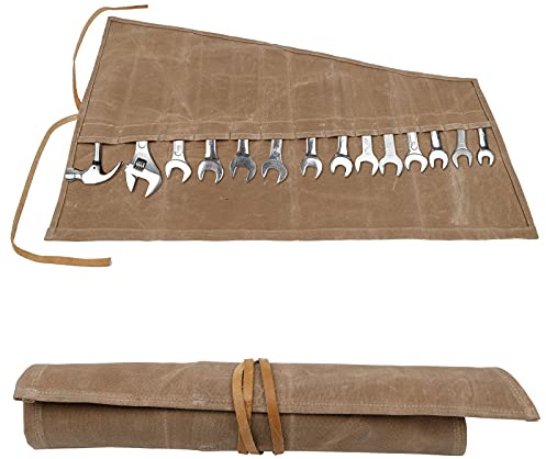 Tool Roll Bag, Waxed Canvas Spanner Chisel Roll, Heavy Duty Small Tool Bags with 14 Pockets, Multi-purpose Tool Wrap Wallet Organiser, Plumbing Hand DIY Tools Gifts for Men Dad, Brown
