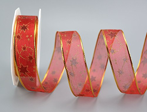 Dekoband „Starway“ ROT/Gold 20 m x 25 mm (Rolle) (0,84€/m) Geschenkband Weihnachten Transparent Schleifenband Stoffband Sterne Glanzkanten mit Draht