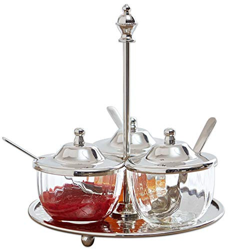 LOBERON Menage Julius - Gewürz Organizer mit 3 Dosen & Löffeln - Tischdekoration aus Edelstahl & Messing - Handgefertigt - für Gewürze, Öl & Essig, silber