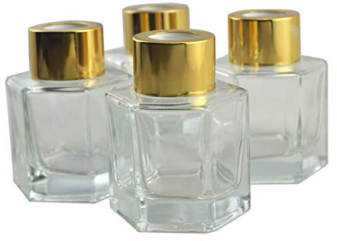 Ougual Juego de 4 Botellas difusoras de aceites Esenciales de Columna Hexagonal (Gorras de Oro, 60ML)