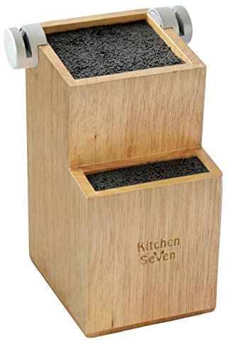 Bamboo Universal Knife Block - Knife Holder with 2 Built-In Knife Sharpeners - 2-Tiered Modern Knife Storage Up to 16 Large and Small Knives Easy Clean Wooden Knife Organizer by Kitchen Seven