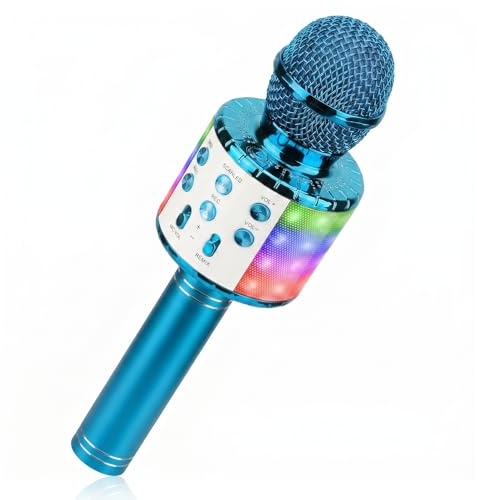 ShinePick Microphone Karaoke sans Fil, Micro Karaoké Bluetooth Portable avec LED Lumière Disco pour Enfants/Adultes Chanter, Compatible avec Android/iOS/PC/Smartphone (Bleu)