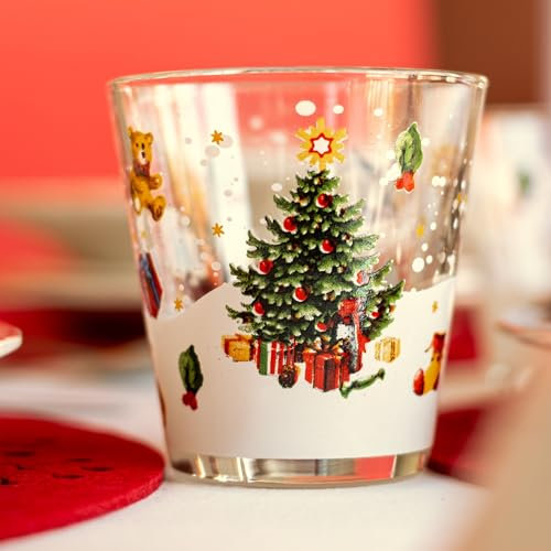 NAMAI - Set di 6 Bicchieri Natalizi, 325 ML, Vetro Resistente, Adatti in Lavastoviglie e Microonde, Eleganza Natalizia, Bicchieri Colorati Vetro, Idea Regalo (ALBERO)