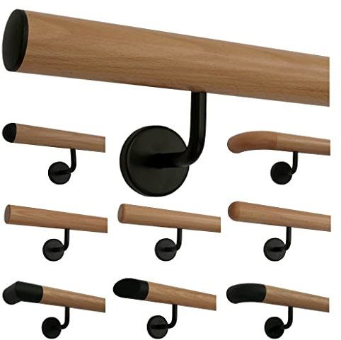 TIBU Buche Holz Handlauf Geländer 30-500cm im Set schwarze Halter Wandhandlauf Wand Treppe, Länge 490 cm mit 6 Halter Enden leicht gewölbte schwarze Kappen